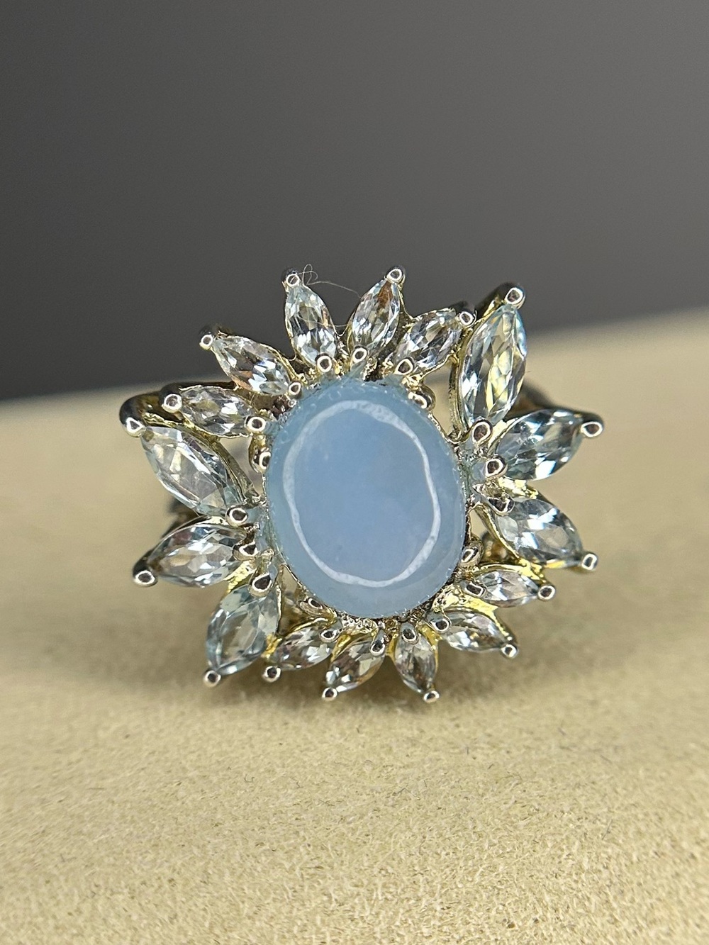 Prime Art 925 Sterling Silver Blue Topaz Sunburst Halo Statement Ring